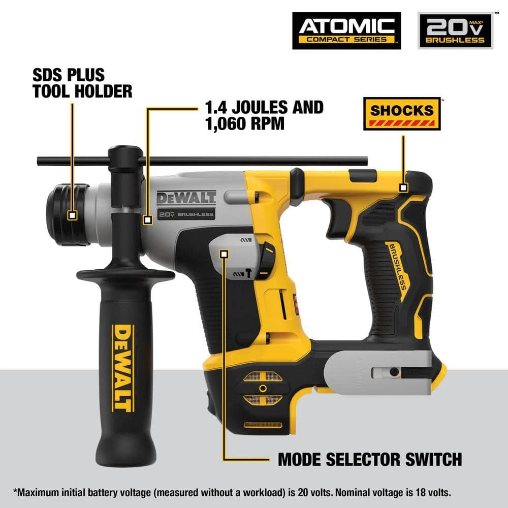 DEWALT ATOMIC 20V MAX Cordless Brushless Ultra-Compact 5/8 in. SDS + Hammer Drill with 20V MAX XR 6.0Ah and 4.0Ah Batteries 4 DEWALT ATOMIC 20V MAX Cordless Brushless Ultra-Compact 5/8 in. SDS + Hammer Drill with 20V MAX XR 6.0Ah and 4.0Ah Batteries - Image 2