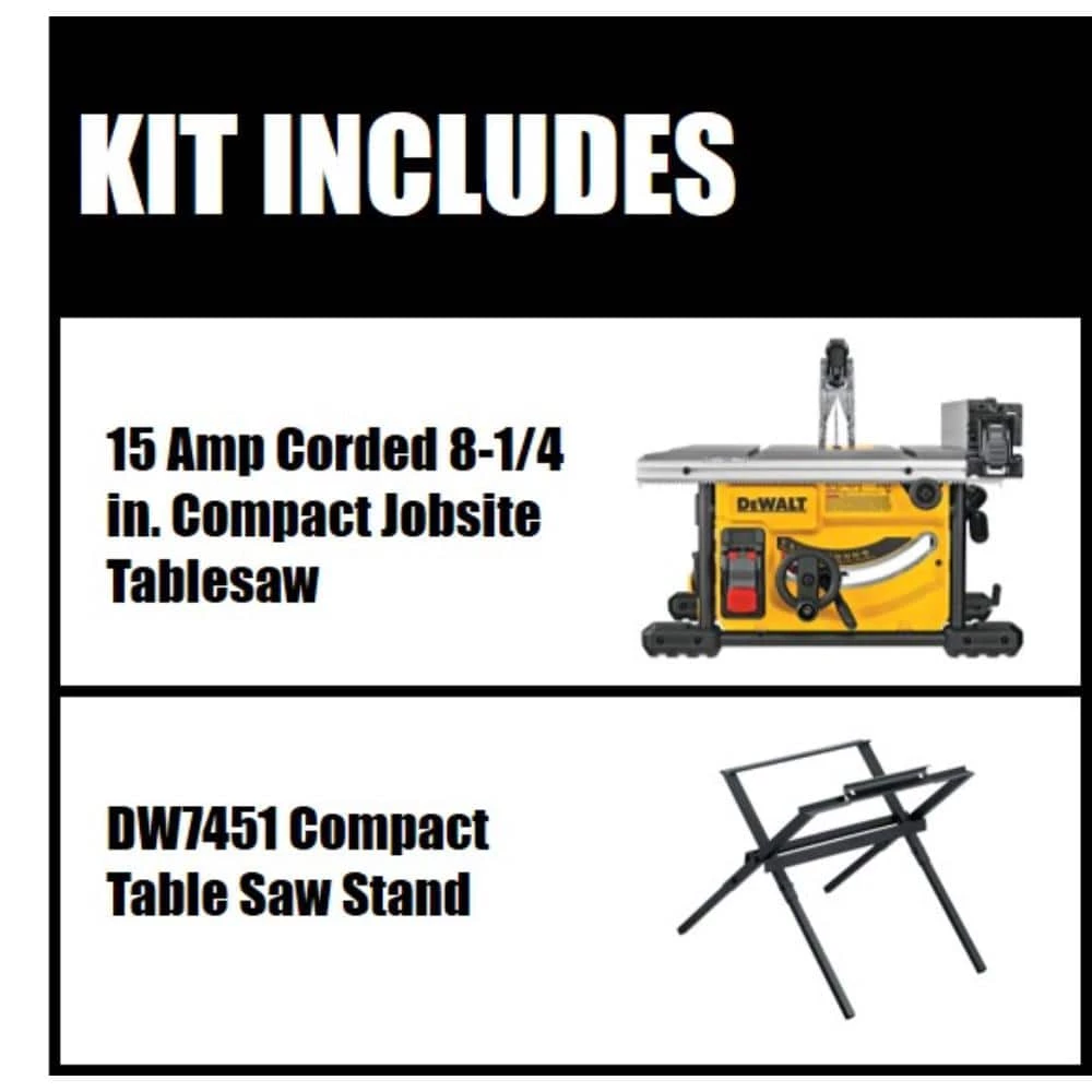 DEWALT 15 Amp Corded 8-1/4 in. Compact Jobsite Tablesaw with Compact Table Saw Stand 4 DEWALT 15 Amp Corded 8-1/4 in. Compact Jobsite Tablesaw with Compact Table Saw Stand - Image 2