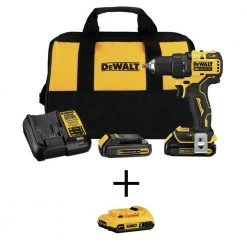DEWALT ATOMIC 20-Volt MAX Brushless Cordless Compact 1/2 in. Drill Driver w/(2) Batteries 1.3Ah, Charger & Bag w/Free Battery
