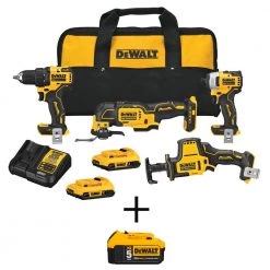 DEWALT ATOMIC 20-Volt MAX Cordless Brushless Combo Kit (4-Tool), (1) 5.0Ah Battery, (2) 2.0 Ah Batteries, Charger & Bag