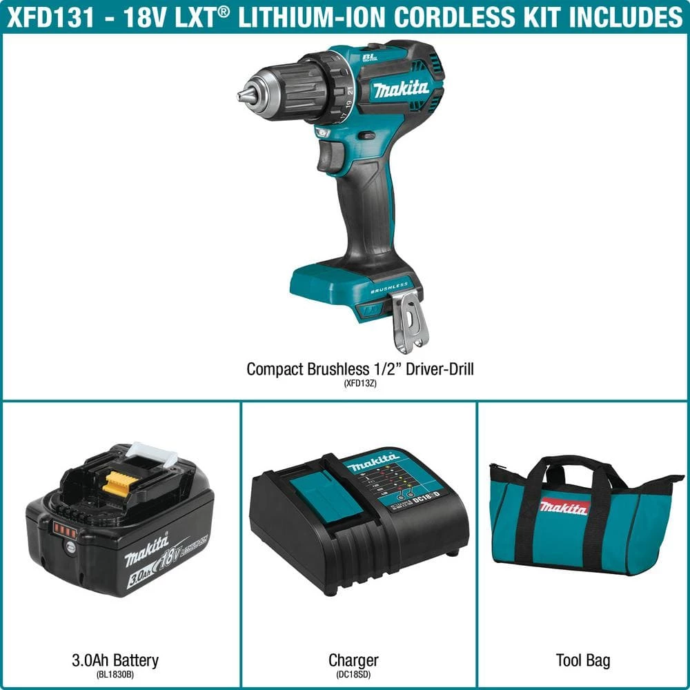 Makita 18V LXT Lithium-Ion Brushless Cordless 1/2 in. Driver-Drill Kit, 3.0Ah 4 Makita 18V LXT Lithium-Ion Brushless Cordless 1/2 in. Driver-Drill Kit, 3.0Ah - Image 2