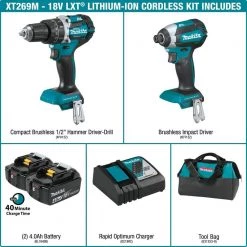 Makita 18V LXT Lithium-Ion Brushless Cordless Hammer Drill and Impact Driver Combo Kit (2-Tool) w/ (2) 4Ah Batteries, Bag -Power Tools Sales Store makita power tool combo kits xt269m e1 1000