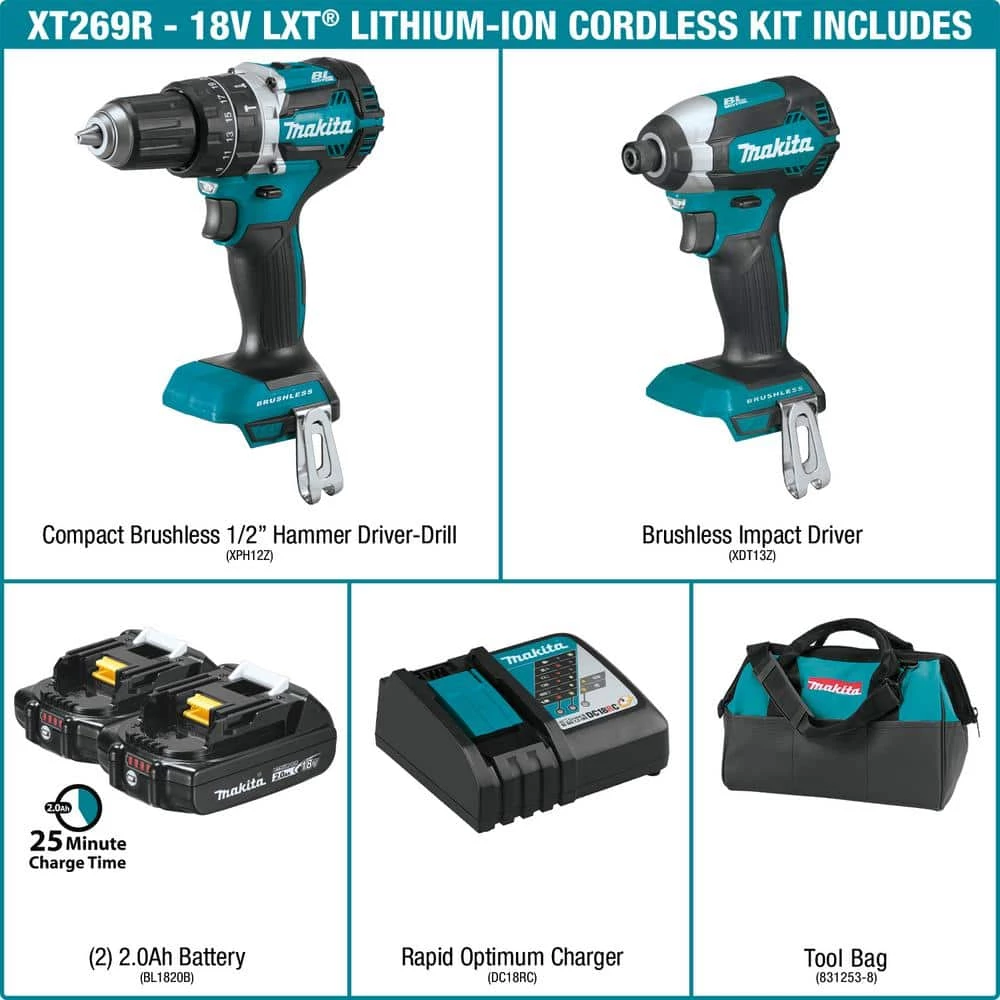 Makita 18V LXT Lithium-Ion Brushless Cordless Hammer Drill and Impact Driver Combo Kit (2-Tool) w/ (2) 2Ah Batteries, Bag 4 Makita 18V LXT Lithium-Ion Brushless Cordless Hammer Drill and Impact Driver Combo Kit (2-Tool) w/ (2) 2Ah Batteries, Bag - Image 2