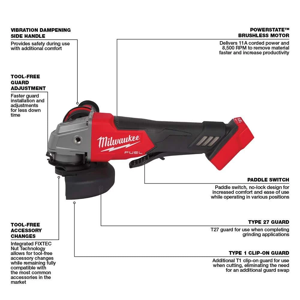 Milwaukee M18 FUEL 18V Lithium-Ion Brushless Cordless 4-1/2 in./5 in. Grinder w/Paddle Switch (Tool-Only) 5 Milwaukee M18 FUEL 18V Lithium-Ion Brushless Cordless 4-1/2 in./5 in. Grinder w/Paddle Switch (Tool-Only) - Image 3