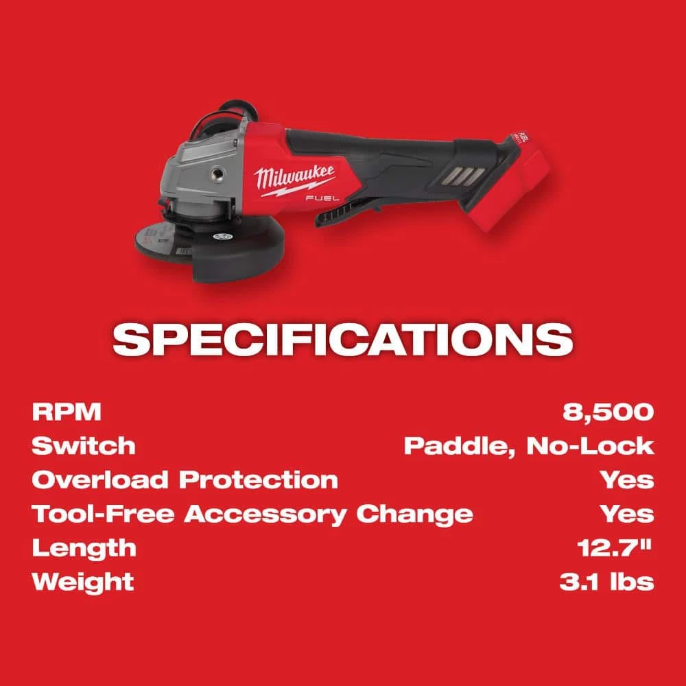 Milwaukee M18 FUEL 18V Lithium-Ion Brushless Cordless 4-1/2 in./5 in. Grinder and Starter Kit w/(1) 5.0 Ah Battery and Charger 10 Milwaukee M18 FUEL 18V Lithium-Ion Brushless Cordless 4-1/2 in./5 in. Grinder and Starter Kit w/(1) 5.0 Ah Battery and Charger - Image 8