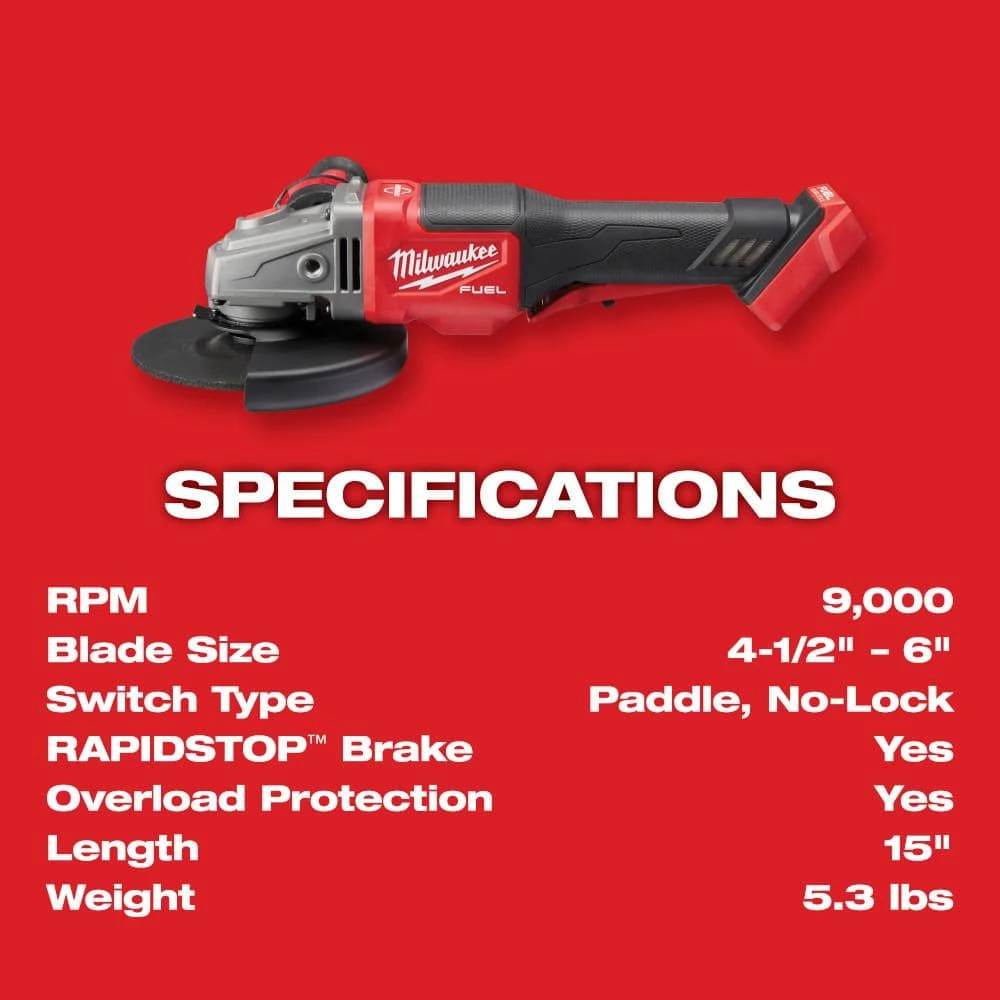 Milwaukee M18 FUEL 18V Lithium-Ion Brushless Cordless 4-1/2 in./6 in. Braking Grinder with Paddle Switch (Tool-Only) 10 Milwaukee M18 FUEL 18V Lithium-Ion Brushless Cordless 4-1/2 in./6 in. Braking Grinder with Paddle Switch (Tool-Only) - Image 8