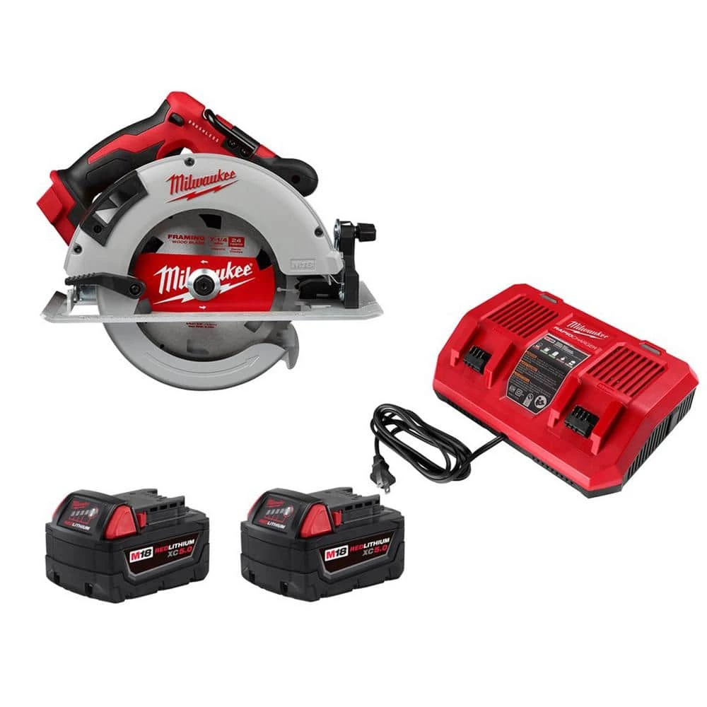 Milwaukee M18 18-Volt Lithium-Ion Brushless Cordless 7-1/4 in. Circular Saw w/(2) 5.0 Ah Batteries & Dual Bay Rapid Charger 3 Milwaukee M18 18-Volt Lithium-Ion Brushless Cordless 7-1/4 in. Circular Saw w/(2) 5.0 Ah Batteries & Dual Bay Rapid Charger