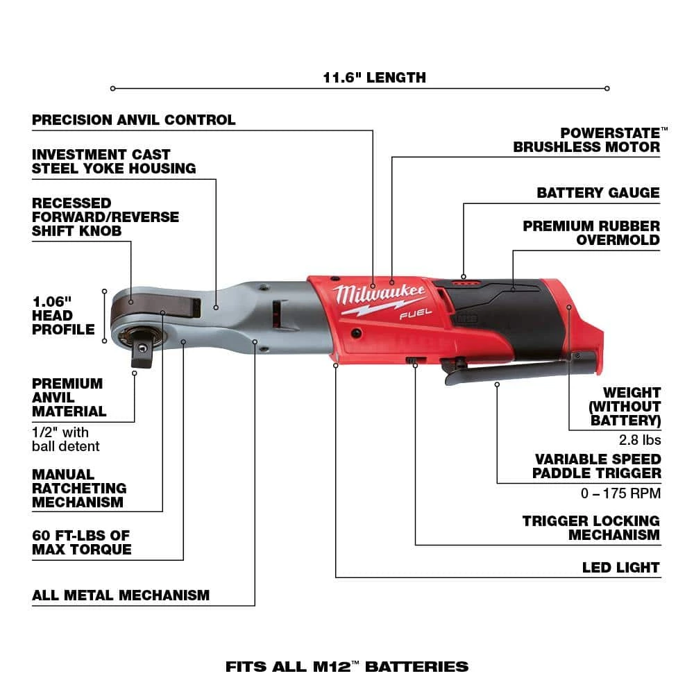 Milwaukee M12 FUEL 12V Lithium-Ion Brushless Cordless 3/8 in. and 1/2 in. Ratchet with Two 3.0 Ah Batteries 7 Milwaukee M12 FUEL 12V Lithium-Ion Brushless Cordless 3/8 in. and 1/2 in. Ratchet with Two 3.0 Ah Batteries - Image 5