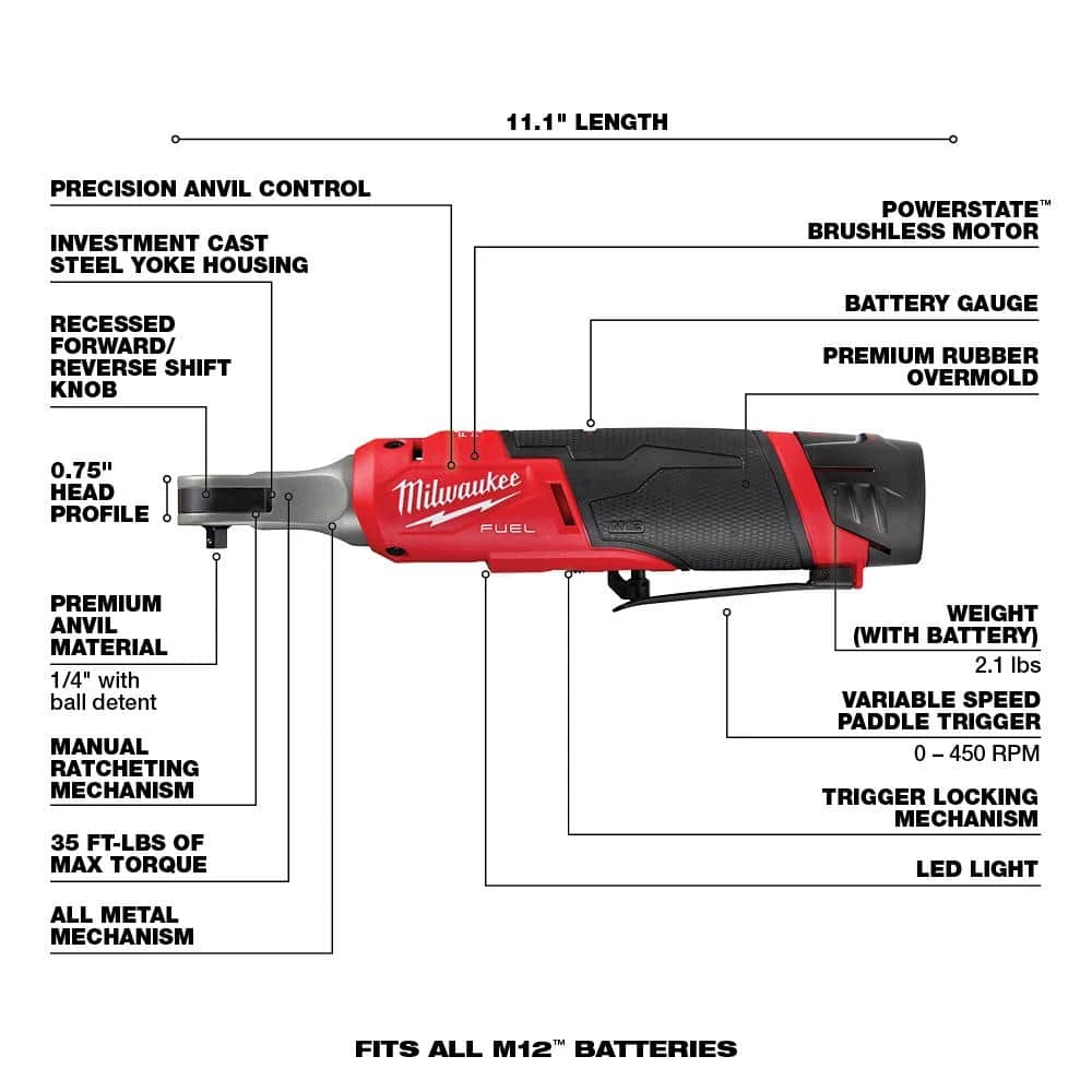 Milwaukee M12 FUEL 12V Cordless High Speed 1/4 in. Ratchet Kit with 3/8 in. Drive SAE and Metric Impact Socket Set (43-Piece) 5 Milwaukee M12 FUEL 12V Cordless High Speed 1/4 in. Ratchet Kit with 3/8 in. Drive SAE and Metric Impact Socket Set (43-Piece) - Image 3