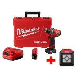 Milwaukee M12 FUEL 12V Lithium-Ion 1/2 in. Brushless Cordless Hammer Drill Driver Kit with M12 LED Flood Light