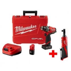 Milwaukee M12 FUEL 12V Lithium-Ion 1/2 in. Brushless Cordless Hammer Drill Driver Kit with M12 3/8 in. Ratchet