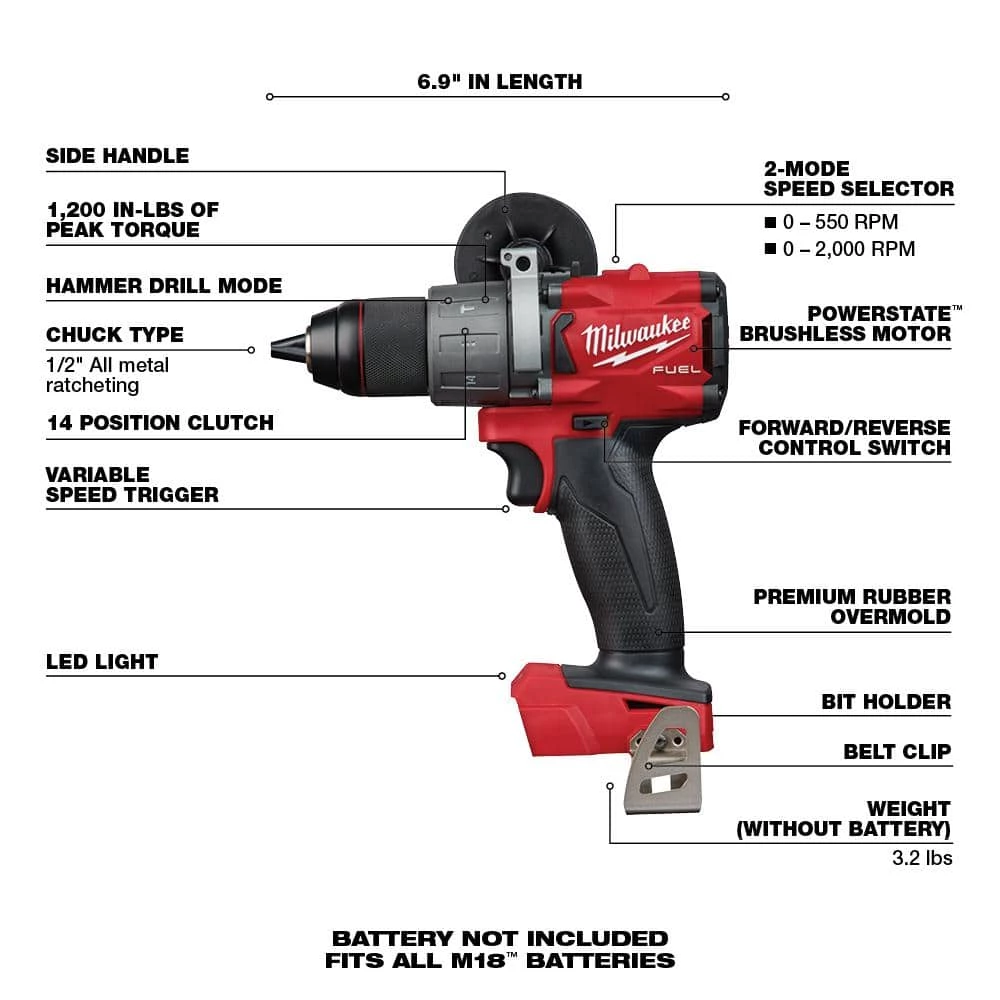 Milwaukee M18 FUEL 18V Lithium-Ion Brushless Cordless 1/2 in. Hammer Drill/Driver (Tool-Only) 5 Milwaukee M18 FUEL 18V Lithium-Ion Brushless Cordless 1/2 in. Hammer Drill/Driver (Tool-Only) - Image 3