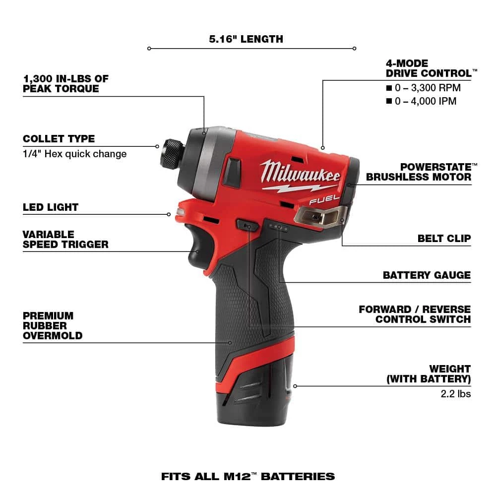 Milwaukee M12 FUEL 12V Lithium-Ion Brushless Cordless 1/4 in. Hex Impact Driver Kit W/ M12 3/8 in. Ratchet 5 Milwaukee M12 FUEL 12V Lithium-Ion Brushless Cordless 1/4 in. Hex Impact Driver Kit W/ M12 3/8 in. Ratchet - Image 3