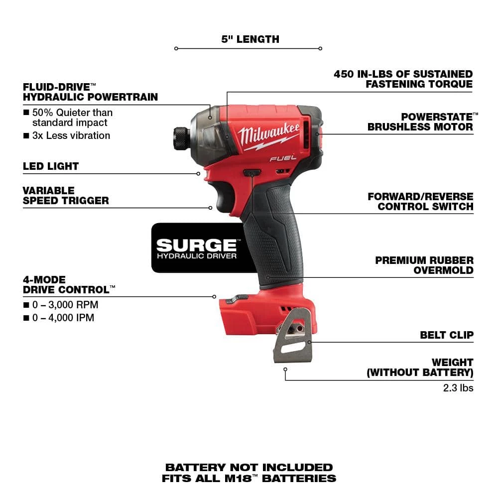 Milwaukee M18 FUEL SURGE 18V Lithium-Ion Brushless Cordless 1/4 in. Hex Impact Driver (Tool-Only) 5 Milwaukee M18 FUEL SURGE 18V Lithium-Ion Brushless Cordless 1/4 in. Hex Impact Driver (Tool-Only) - Image 3