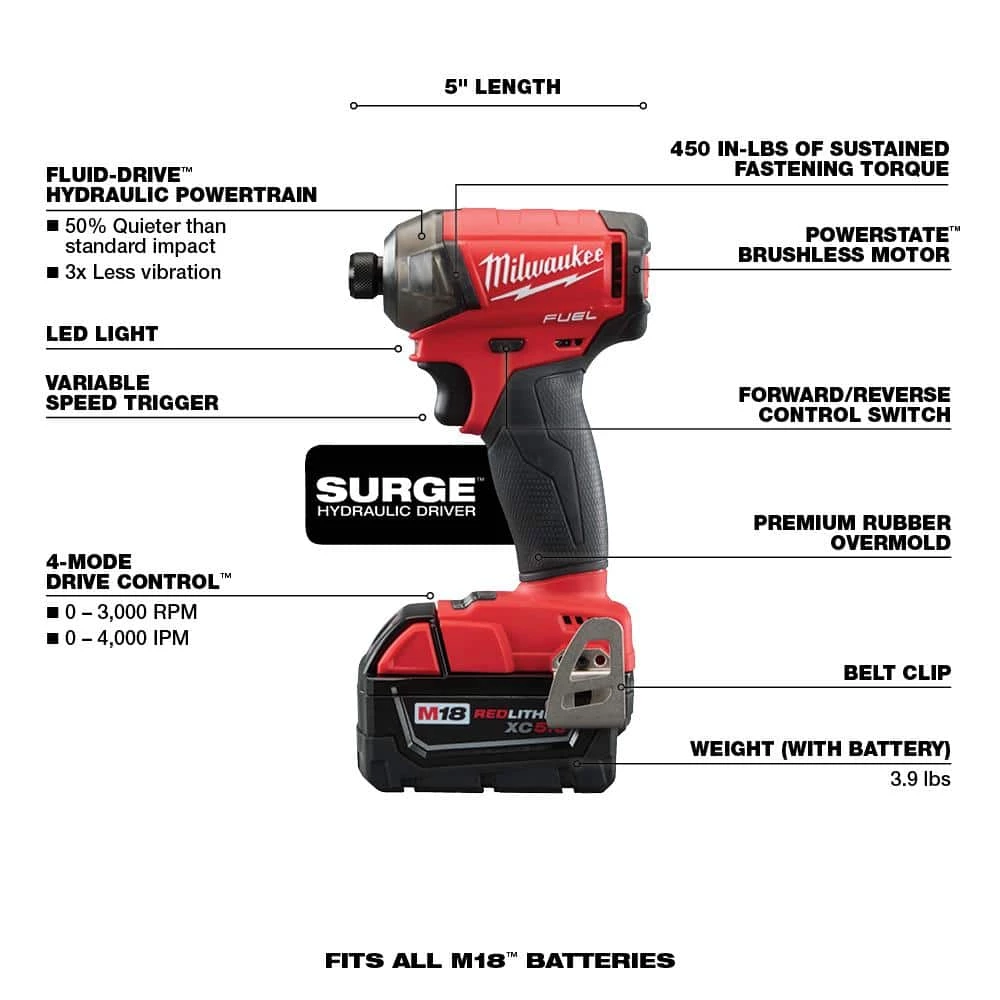 Milwaukee M18 FUEL SURGE 18V Lithium-Ion Brushless Cordless 1/4 in. Hex Hydraulic Impact Driver Kit W/ M18 5.0AH Battery 5 Milwaukee M18 FUEL SURGE 18V Lithium-Ion Brushless Cordless 1/4 in. Hex Hydraulic Impact Driver Kit W/ M18 5.0AH Battery - Image 3