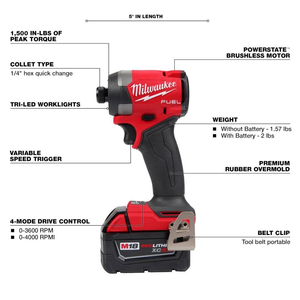 Milwaukee M18 Fuel 18-V Lithium-Ion Brushless Cordless 1/4 in. Hex Impact Driver Kit w/(3) 5.0 Ah Batteries, Charger & Hard Case 6 Milwaukee M18 Fuel 18-V Lithium-Ion Brushless Cordless 1/4 in. Hex Impact Driver Kit w/(3) 5.0 Ah Batteries, Charger & Hard Case - Image 4