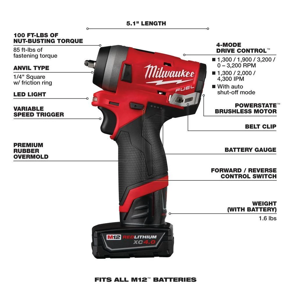 Milwaukee M12 FUEL 12V Lithium-Ion Brushless Cordless Stubby 1/4 in. Impact Wrench Kit With M12 4.0Ah Battery 6 Milwaukee M12 FUEL 12V Lithium-Ion Brushless Cordless Stubby 1/4 in. Impact Wrench Kit With M12 4.0Ah Battery - Image 4