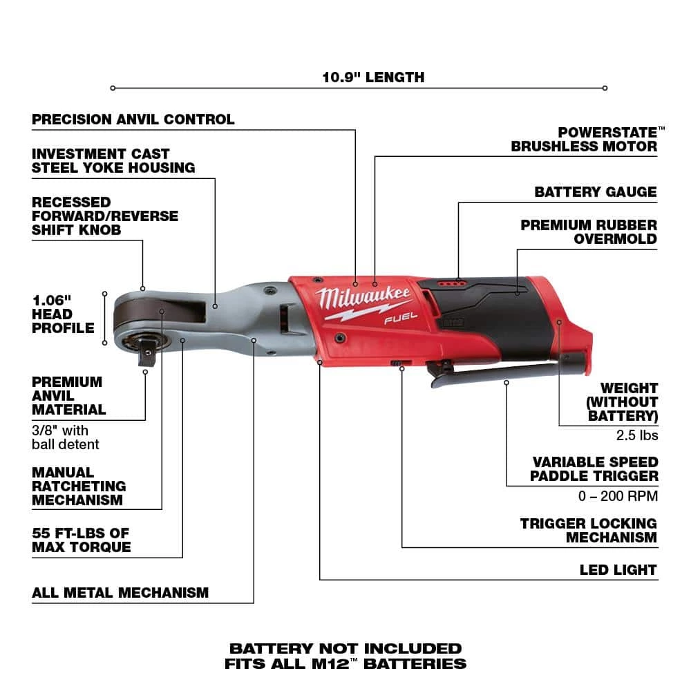 Milwaukee M12 FUEL 12V Lithium-Ion Brushless Cordless Stubby 3/8 in. Impact Wrench and Ratchet Kit (Tool-Only Kit) 7 Milwaukee M12 FUEL 12V Lithium-Ion Brushless Cordless Stubby 3/8 in. Impact Wrench and Ratchet Kit (Tool-Only Kit) - Image 5