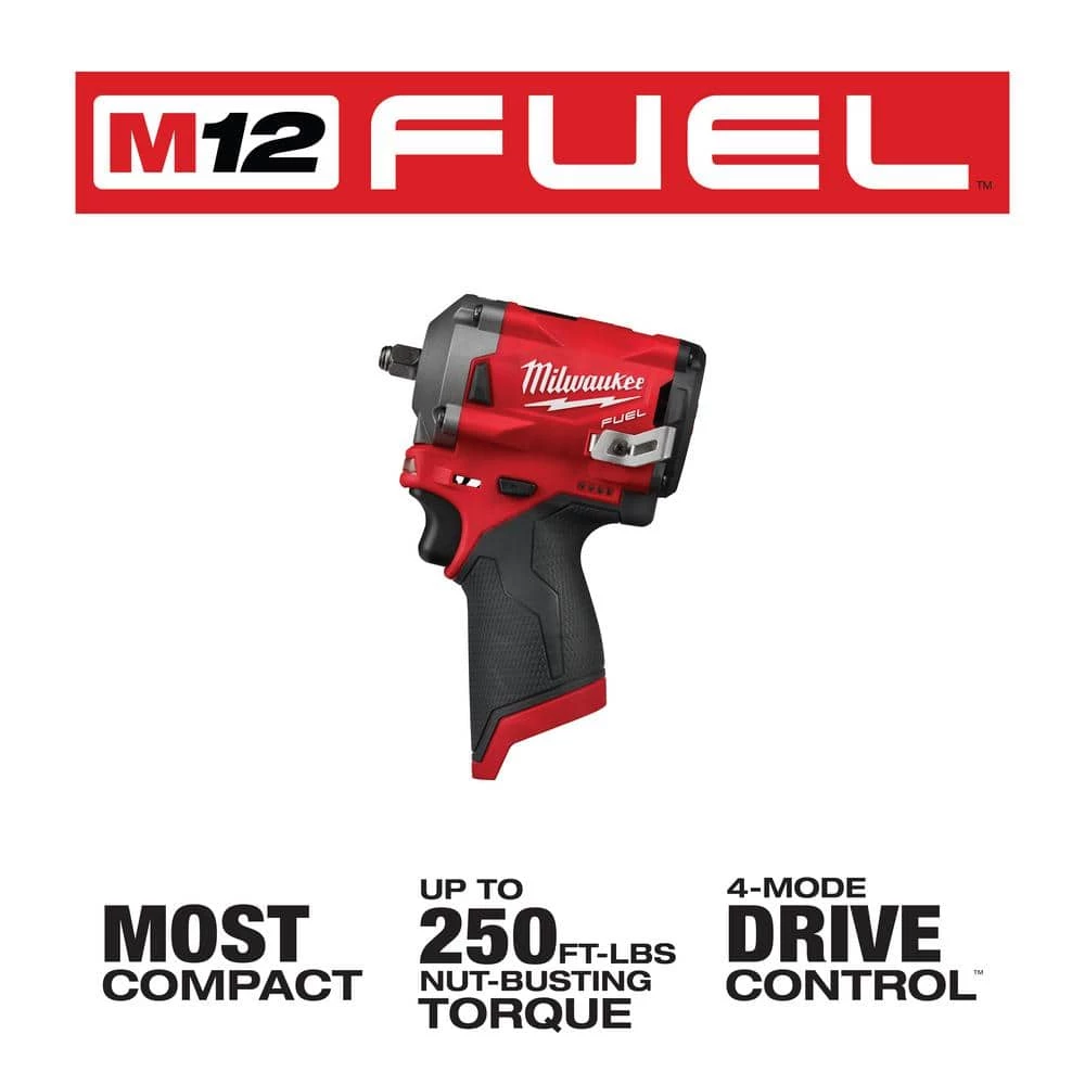 Milwaukee M12 FUEL 12V Lithium-Ion Brushless Cordless Stubby 3/8 in. Impact Wrench and Ratchet Kit (Tool-Only Kit) 4 Milwaukee M12 FUEL 12V Lithium-Ion Brushless Cordless Stubby 3/8 in. Impact Wrench and Ratchet Kit (Tool-Only Kit) - Image 2
