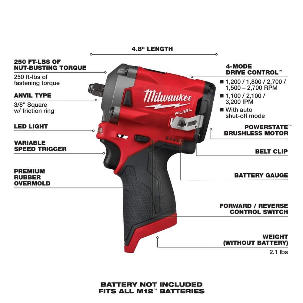 Milwaukee M12 FUEL 12V Lithium-Ion Brushless Cordless Stubby 3/8 in. Impact Wrench (Tool-Only) 5 Milwaukee M12 FUEL 12V Lithium-Ion Brushless Cordless Stubby 3/8 in. Impact Wrench (Tool-Only) - Image 3