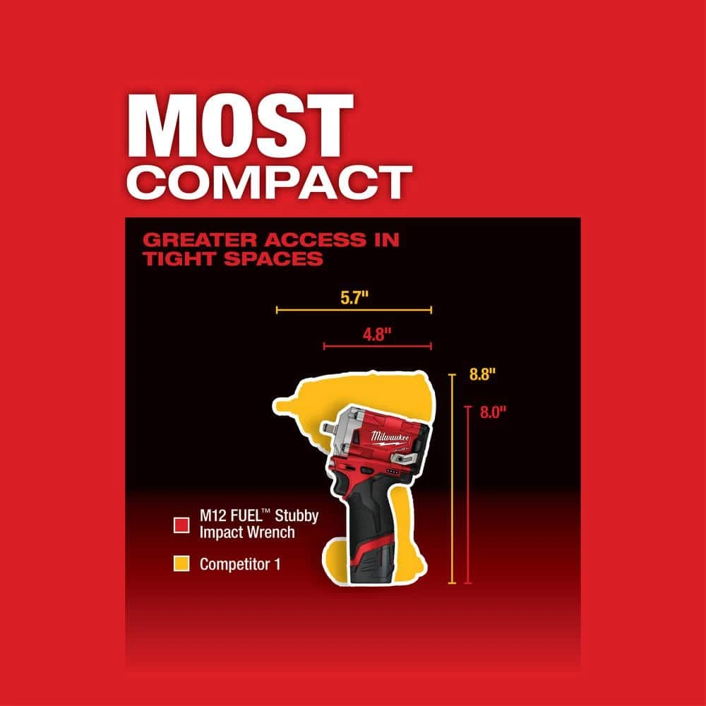 Milwaukee M12 FUEL 12-Volt Lithium-Ion Brushless Cordless Stubby 3/8 in. Impact Wrench Kit with (1) High Output 5.0 Ah Battery 7 Milwaukee M12 FUEL 12-Volt Lithium-Ion Brushless Cordless Stubby 3/8 in. Impact Wrench Kit with (1) High Output 5.0 Ah Battery - Image 5