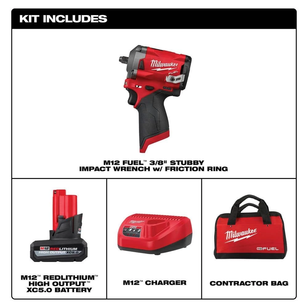 Milwaukee M12 FUEL 12-Volt Lithium-Ion Brushless Cordless Stubby 3/8 in. Impact Wrench Kit with (1) High Output 5.0 Ah Battery 4 Milwaukee M12 FUEL 12-Volt Lithium-Ion Brushless Cordless Stubby 3/8 in. Impact Wrench Kit with (1) High Output 5.0 Ah Battery - Image 2