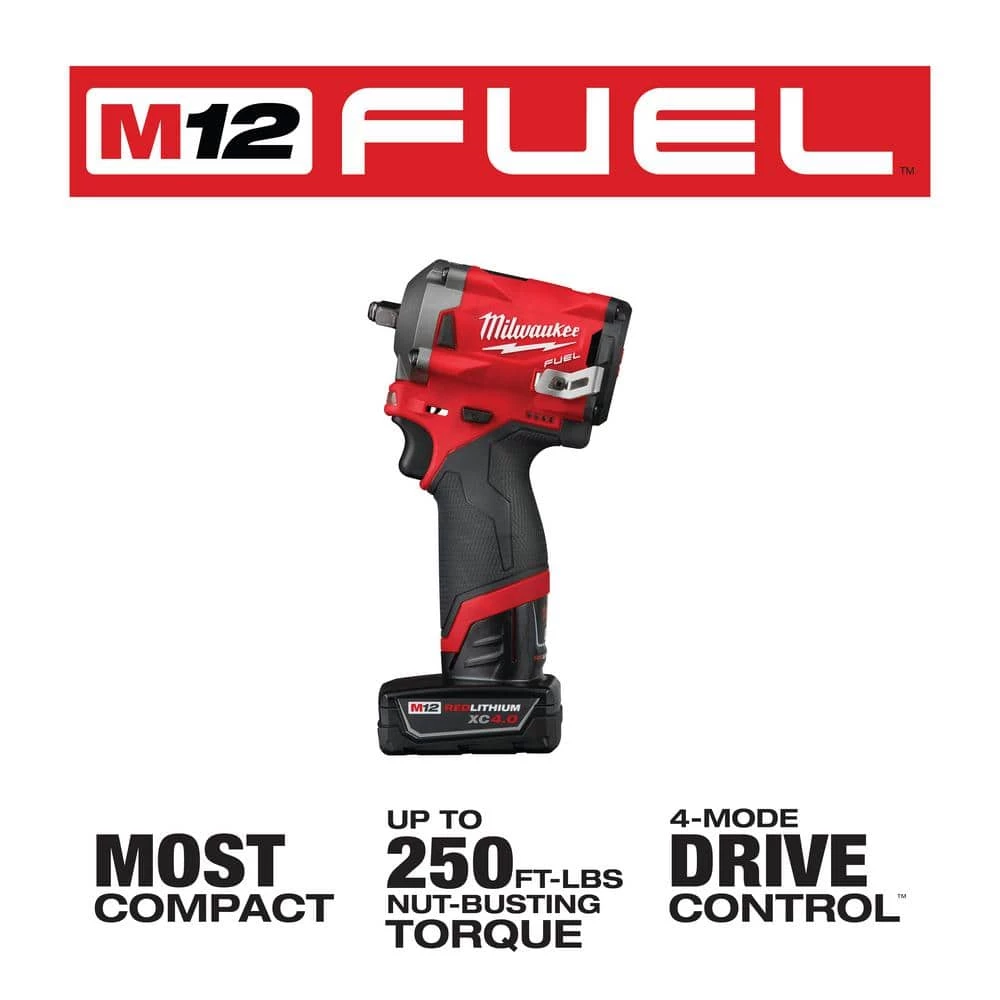 Milwaukee M12 FUEL 12V Lithium-Ion Brushless Cordless Stubby 3/8 in. Impact Wrench Kit with One 4.0 and One 2.0Ah Batteries 5 Milwaukee M12 FUEL 12V Lithium-Ion Brushless Cordless Stubby 3/8 in. Impact Wrench Kit with One 4.0 and One 2.0Ah Batteries - Image 3