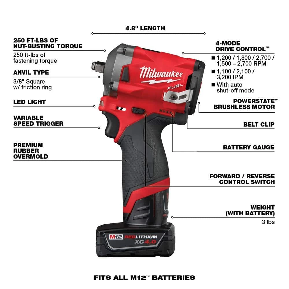 Milwaukee M12 FUEL 12V Brushless Cordless Stubby 3/8 in. Impact Wrench Kit with 3/8 in. Drive SAE/Metric Socket Set (43-Piece) 6 Milwaukee M12 FUEL 12V Brushless Cordless Stubby 3/8 in. Impact Wrench Kit with 3/8 in. Drive SAE/Metric Socket Set (43-Piece) - Image 4