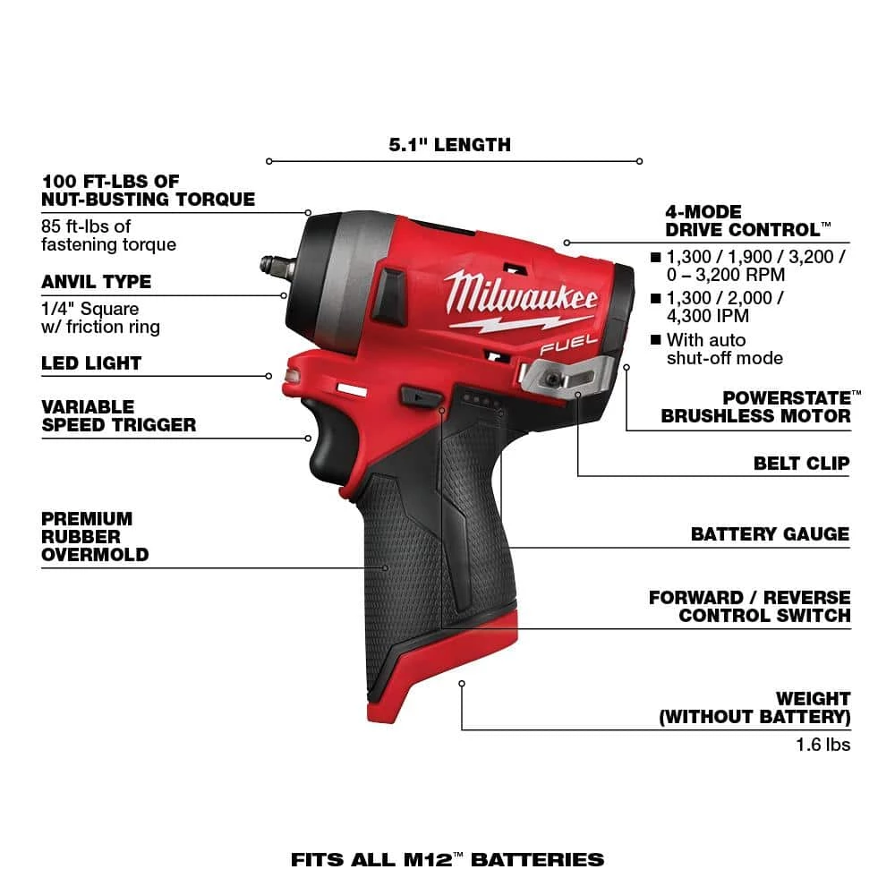 Milwaukee M12 FUEL 12V Lithium-Ion Brushless Cordless Stubby 1/2 in. Impact Wrench with M12 2.0Ah Battery 4 Milwaukee M12 FUEL 12V Lithium-Ion Brushless Cordless Stubby 1/2 in. Impact Wrench with M12 2.0Ah Battery - Image 2