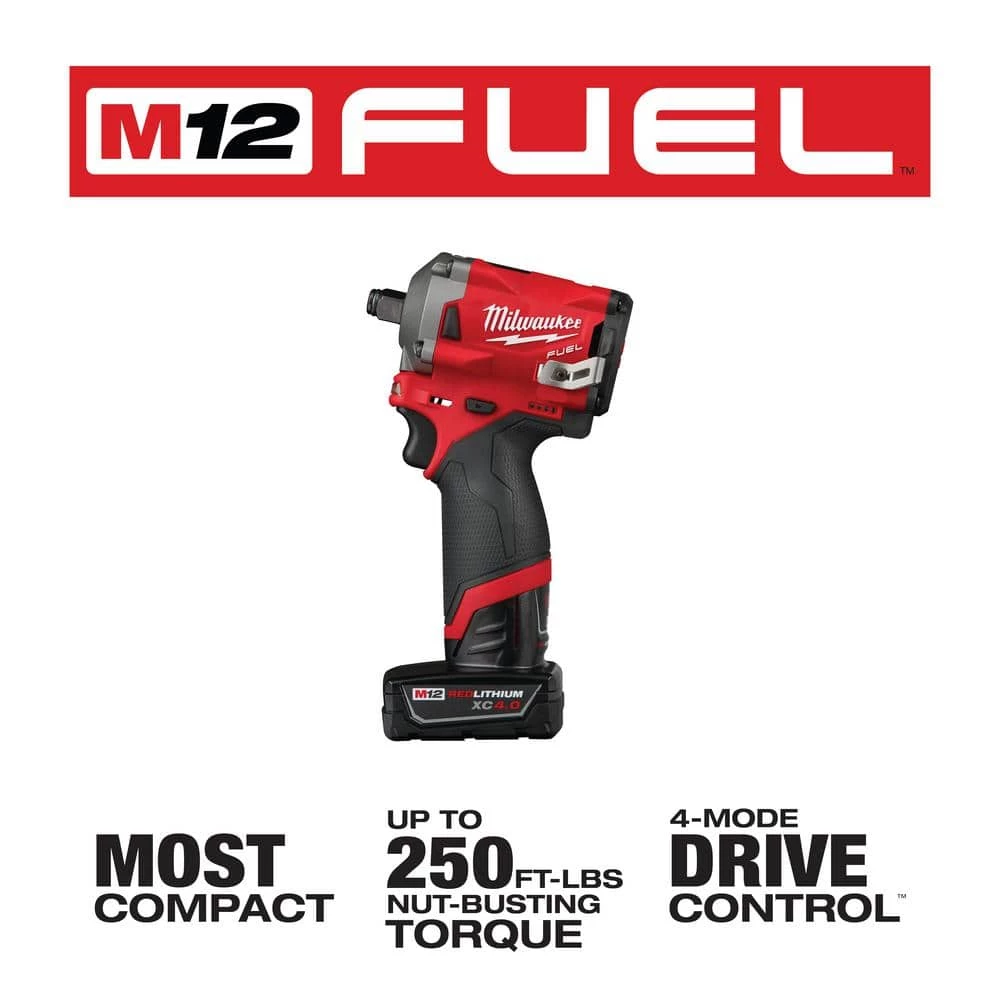 Milwaukee M12 FUEL 12V Lithium-Ion Brushless Cordless Stubby 1/2 in. Impact Wrench Kit with One 4.0 and One 2.0Ah Batteries 5 Milwaukee M12 FUEL 12V Lithium-Ion Brushless Cordless Stubby 1/2 in. Impact Wrench Kit with One 4.0 and One 2.0Ah Batteries - Image 3