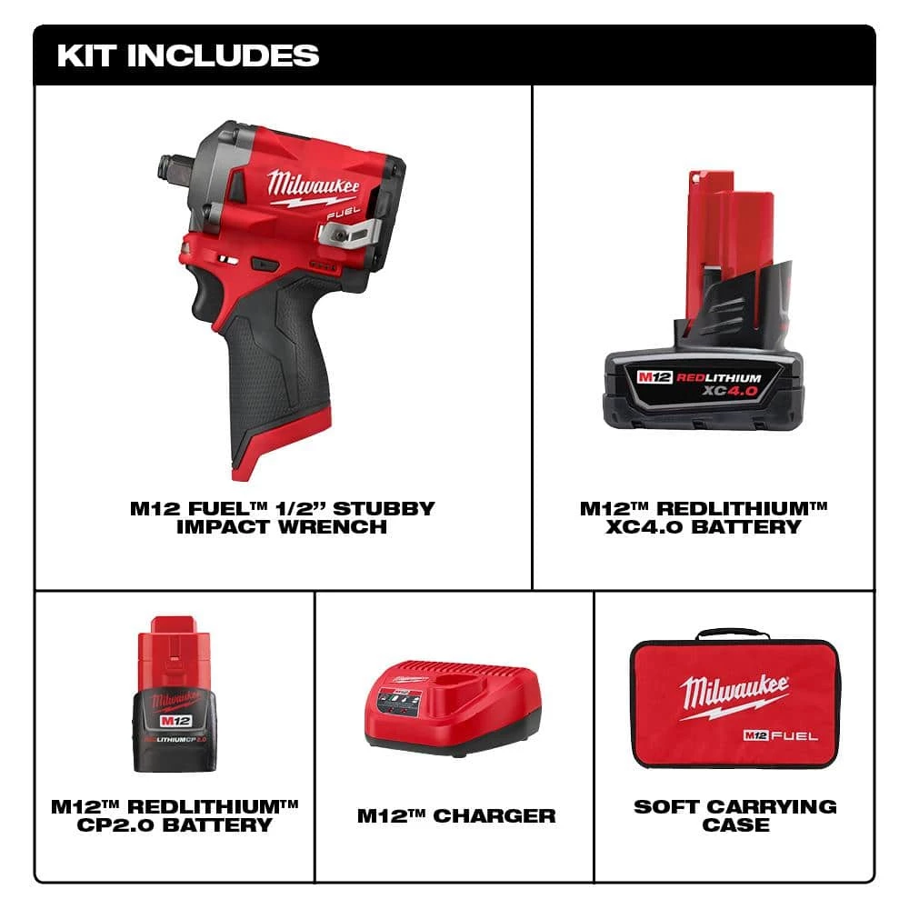 Milwaukee M12 FUEL 12V Lithium-Ion Brushless Cordless Stubby 1/2 in. Impact Wrench Kit With M12 4.0Ah Battery 4 Milwaukee M12 FUEL 12V Lithium-Ion Brushless Cordless Stubby 1/2 in. Impact Wrench Kit With M12 4.0Ah Battery - Image 2