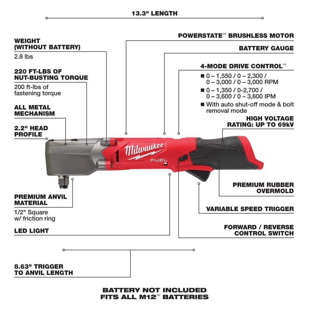 Milwaukee M12 FUEL 12V Lithium-Ion Brushless Cordless 1/2 in. Right Angle Impact Wrench With 3.0 Ah Battery Pack (2-Pack) 4 Milwaukee M12 FUEL 12V Lithium-Ion Brushless Cordless 1/2 in. Right Angle Impact Wrench With 3.0 Ah Battery Pack (2-Pack) - Image 2