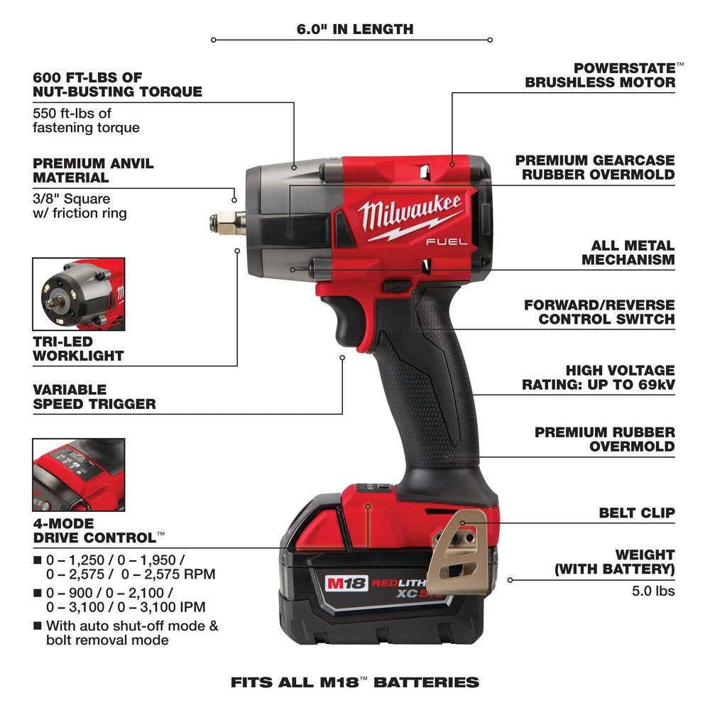 Milwaukee M18 FUEL GEN-2 18V Lithium-Ion Mid Torque Brushless Cordless 3/8 in. Impact Wrench with (1) 5.0 Ah Battery 5 Milwaukee M18 FUEL GEN-2 18V Lithium-Ion Mid Torque Brushless Cordless 3/8 in. Impact Wrench with (1) 5.0 Ah Battery - Image 3