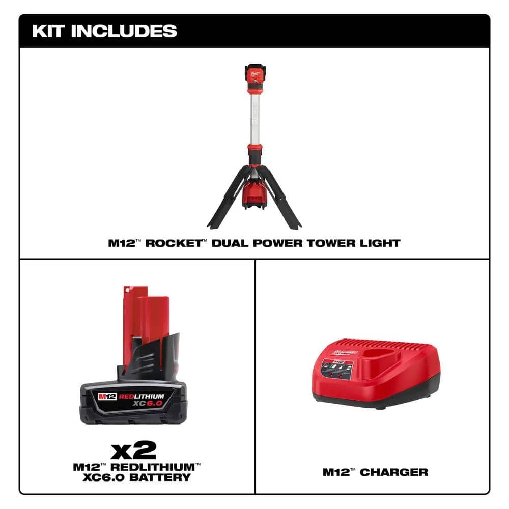 Milwaukee M12 12-Volt Lithium-Ion Cordless 1400 Lumen ROCKET LED Stand Work Light with Two M12 6.0 Ah Battery Packs and Charger 4 Milwaukee M12 12-Volt Lithium-Ion Cordless 1400 Lumen ROCKET LED Stand Work Light with Two M12 6.0 Ah Battery Packs and Charger - Image 2
