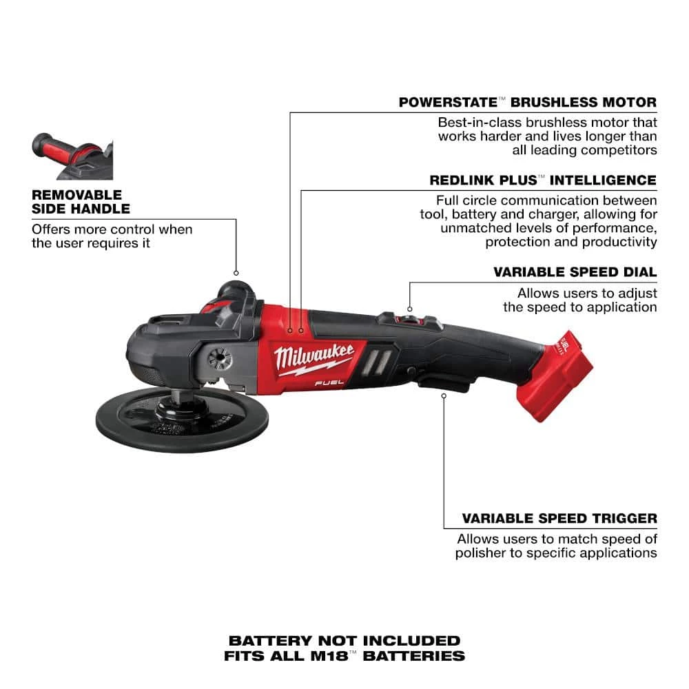 Milwaukee M18 FUEL 18V Lithium-Ion Brushless Cordless 7 in. Variable Speed Polisher with M18 5.0 Ah Battery 8 Milwaukee M18 FUEL 18V Lithium-Ion Brushless Cordless 7 in. Variable Speed Polisher with M18 5.0 Ah Battery - Image 6