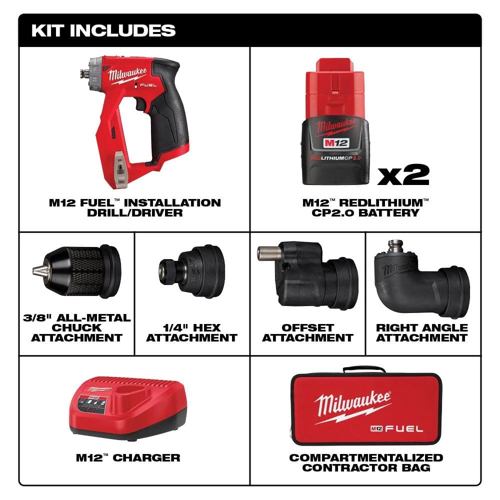 Milwaukee M12 FUEL 12V Lithium-Ion Brushless Cordless 4-in-1 Installation 3/8 in. Drill Driver Kit & 4-Tool Heads W/PACKOUT 4 Milwaukee M12 FUEL 12V Lithium-Ion Brushless Cordless 4-in-1 Installation 3/8 in. Drill Driver Kit & 4-Tool Heads W/PACKOUT - Image 2