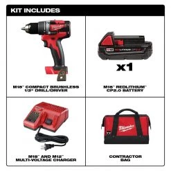 Milwaukee M18 18-Volt Lithium-Ion Brushless Cordless 1/2 in. Compact Drill/Driver with (1) 2.0 Ah Battery, Charger and Tool Bag -Power Tools Sales Store milwaukee power drills 2801 21p e1 1000