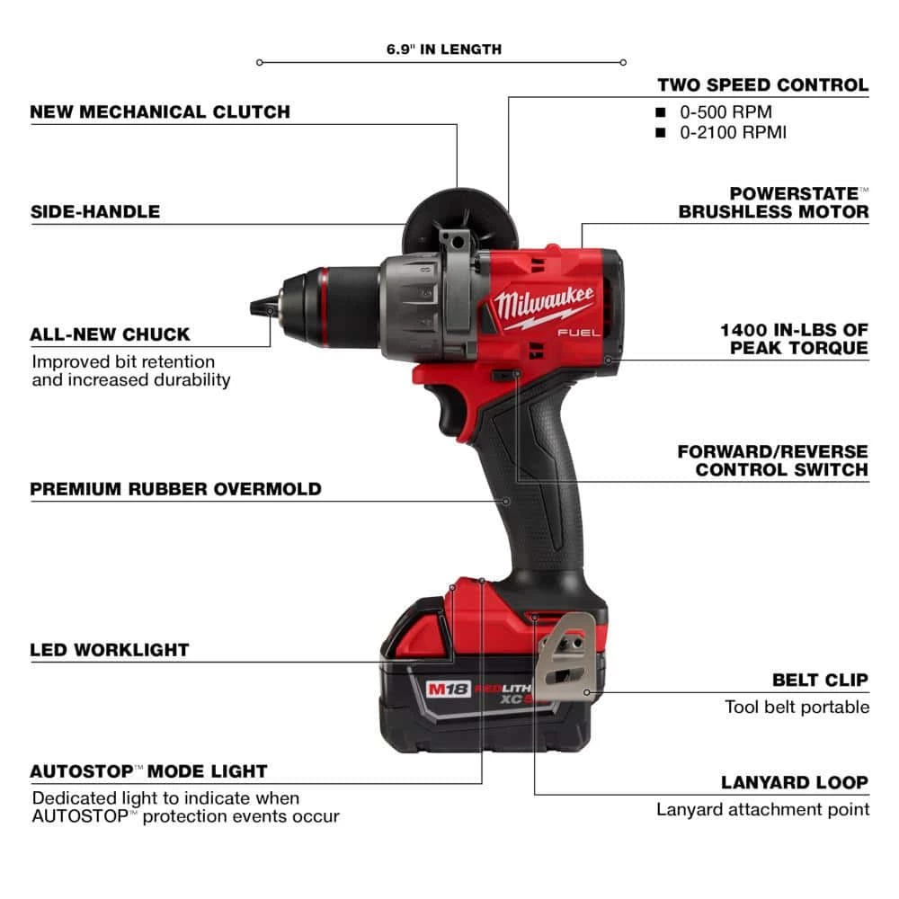 Milwaukee M18 FUEL 18-V Lithium-Ion Brushless Cordless 1/2 in. Drill/Driver Kit with (3) 5.0Ah Batteries, Charger and Hard Case 6 Milwaukee M18 FUEL 18-V Lithium-Ion Brushless Cordless 1/2 in. Drill/Driver Kit with (3) 5.0Ah Batteries, Charger and Hard Case - Image 4