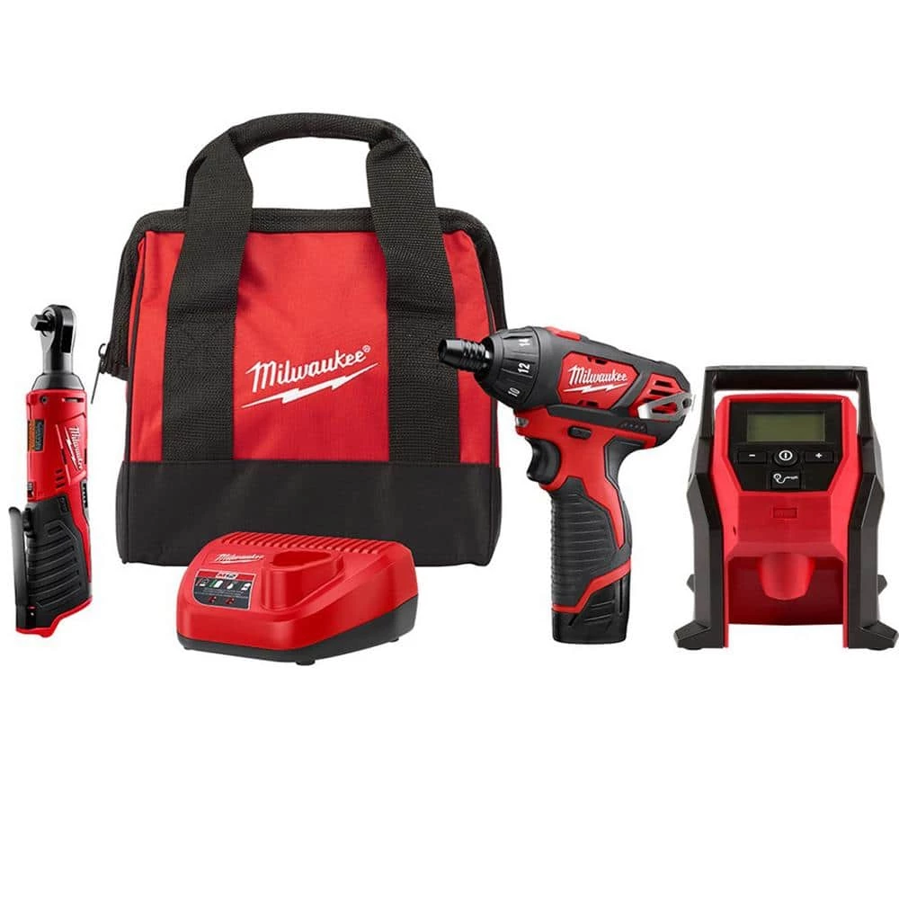 Milwaukee M12 12V Lithium-Ion Cordless 3/8 in. Ratchet and Screwdriver Combo Kit with M12 Compact Inflator 3 Milwaukee M12 12V Lithium-Ion Cordless 3/8 in. Ratchet and Screwdriver Combo Kit with M12 Compact Inflator