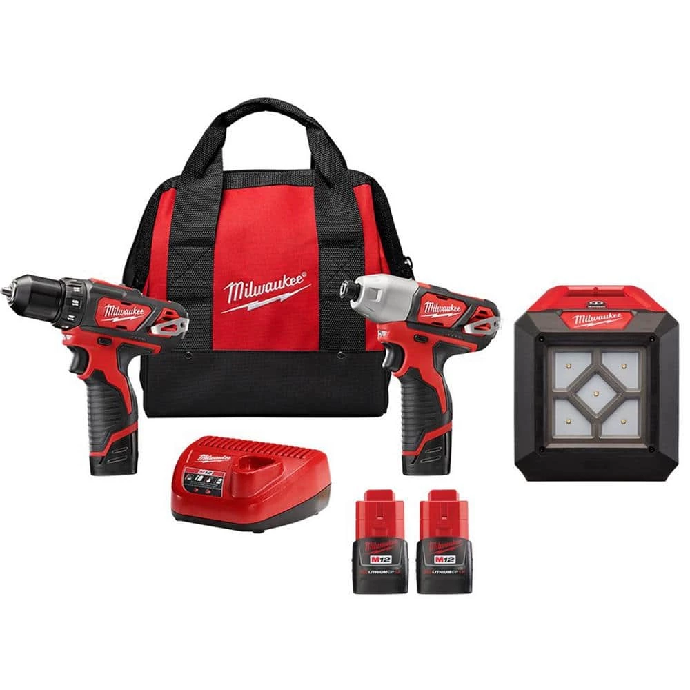 Milwaukee M12 12V Li-Ion Cordless Drill Driver/Impact Driver Combo Kit w/Flood Light & Two 1.5 Ah Li-Ion Compact Batteries 3 Milwaukee M12 12V Li-Ion Cordless Drill Driver/Impact Driver Combo Kit w/Flood Light & Two 1.5 Ah Li-Ion Compact Batteries