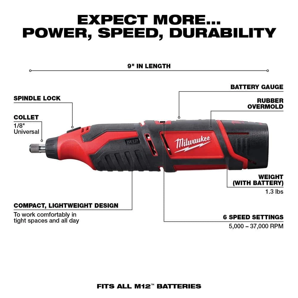 Milwaukee M12 12V Lithium-Ion Cordless Drill Driver/Impact Driver Combo Kit (2-Tool) with M12 Rotary Tool 6 Milwaukee M12 12V Lithium-Ion Cordless Drill Driver/Impact Driver Combo Kit (2-Tool) with M12 Rotary Tool - Image 4