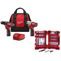 Milwaukee M12 12V Lithium-Ion Cordless Drill Driver/Impact Driver w/Two 1.5Ah Batteries, Charger (2-Tool) & 45pc Bit Kit