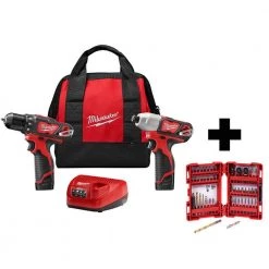 Milwaukee M12 12V Lithium-Ion Cordless Drill Driver/Impact Driver Combo Kit (2-Tool) with SHOCKWAVEDriver Bit Set (50-Piece)