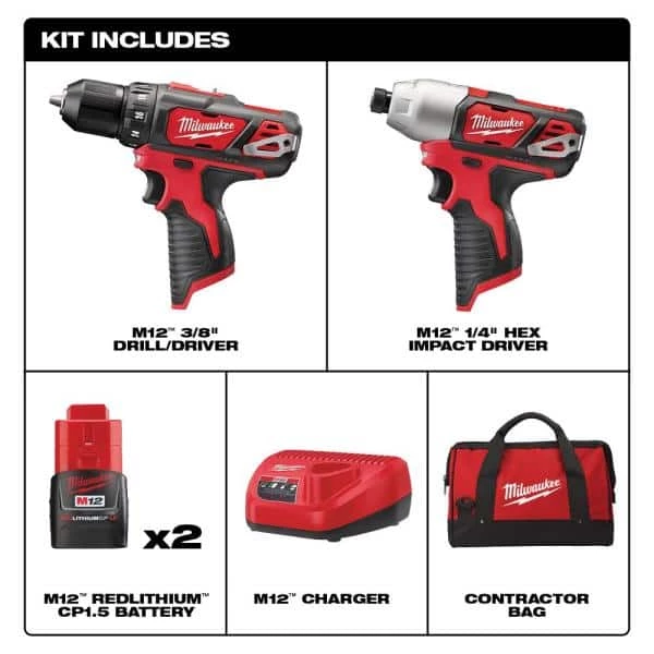 Milwaukee M12 12V Lithium-Ion Cordless Drill Driver/Impact Driver Combo Kit w/ Two 1.5Ah Batteries, Charger Tool Bag (2-Tool) 4 Milwaukee M12 12V Lithium-Ion Cordless Drill Driver/Impact Driver Combo Kit w/ Two 1.5Ah Batteries, Charger Tool Bag (2-Tool) - Image 2