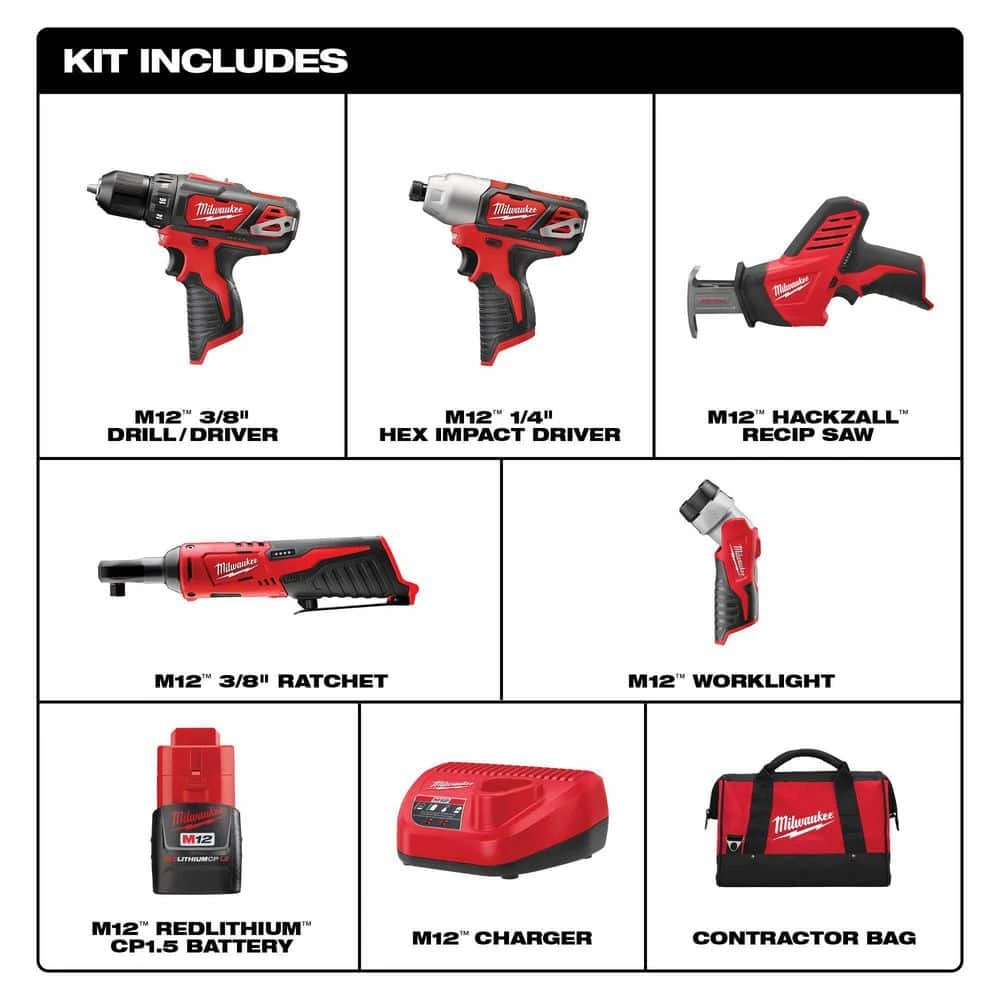 Milwaukee M12 12V Lithium-Ion Cordless Combo Kit (5-Tool) with Two 1.5 Ah Batteries, Charger and Tool Bag 4 Milwaukee M12 12V Lithium-Ion Cordless Combo Kit (5-Tool) with Two 1.5 Ah Batteries, Charger and Tool Bag - Image 2