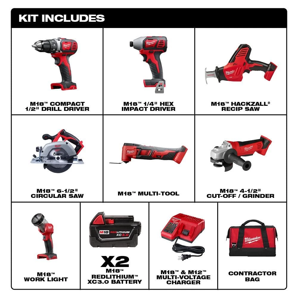 Milwaukee M18 18V Lithium-Ion Cordless Combo Tool Kit (7-Tool) with Two 3.0 Ah Batteries, Charger and Tool Bag 4 Milwaukee M18 18V Lithium-Ion Cordless Combo Tool Kit (7-Tool) with Two 3.0 Ah Batteries, Charger and Tool Bag - Image 2