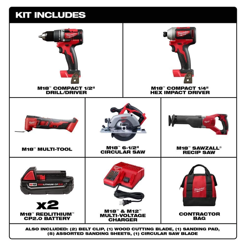 Milwaukee M18 18V Lithium-Ion Cordless Compact Drill/Impact/Multi-Tool/Circular Saw/Reciprocating Saw Combo Kit (5-Tool) 4 Milwaukee M18 18V Lithium-Ion Cordless Compact Drill/Impact/Multi-Tool/Circular Saw/Reciprocating Saw Combo Kit (5-Tool) - Image 2