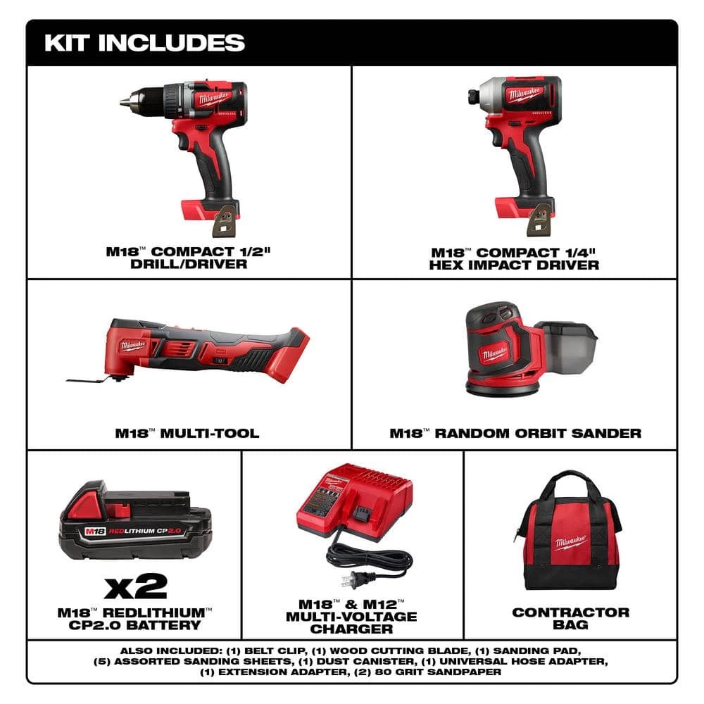 Milwaukee M18 18V Lithium-Ion Brushless Cordless Compact Drill/Impact & Multi-Tool Combo Kit (3-Tool) W/ Random Orbit Sander 4 Milwaukee M18 18V Lithium-Ion Brushless Cordless Compact Drill/Impact & Multi-Tool Combo Kit (3-Tool) W/ Random Orbit Sander - Image 2