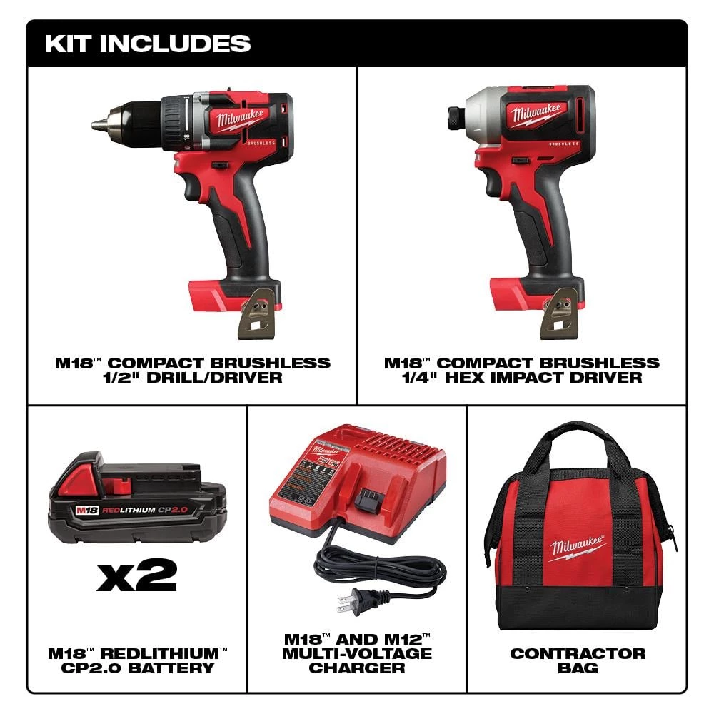 Milwaukee M18 18V Lithium-Ion Brushless Cordless Compact Drill/Impact Combo Kit (2-Tool) W/ (2) 2.0Ah Batteries, Charger & Bag 4 Milwaukee M18 18V Lithium-Ion Brushless Cordless Compact Drill/Impact Combo Kit (2-Tool) W/ (2) 2.0Ah Batteries, Charger & Bag - Image 2