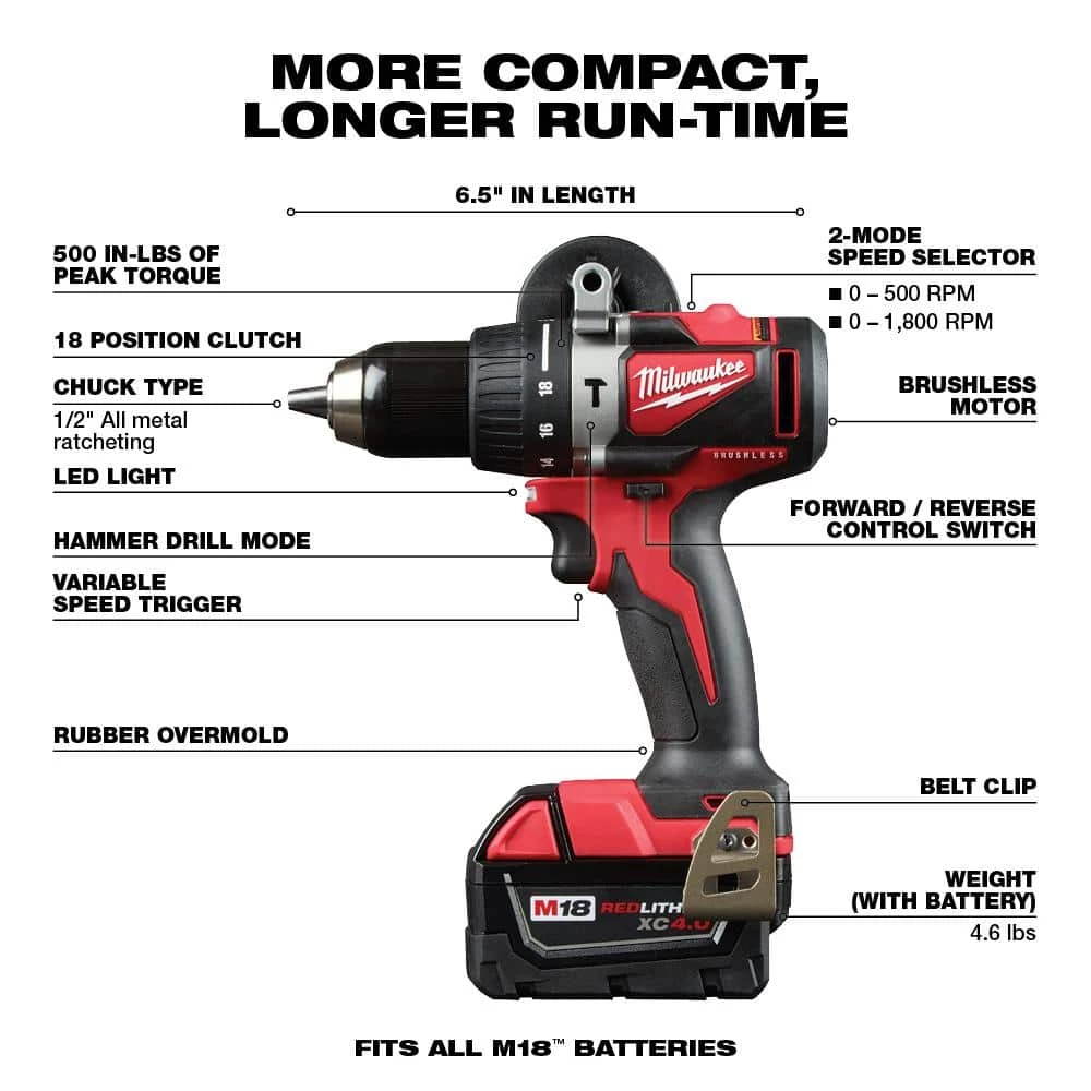 Milwaukee M18 18V Lithium-Ion Brushless Cordless Hammer Drill/Impact Combo Kit (2-Tool) with 2 Batteries, Charger and Bag 5 Milwaukee M18 18V Lithium-Ion Brushless Cordless Hammer Drill/Impact Combo Kit (2-Tool) with 2 Batteries, Charger and Bag - Image 3